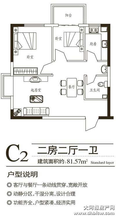 领峰C2 2室2厅1卫81.57m²户型