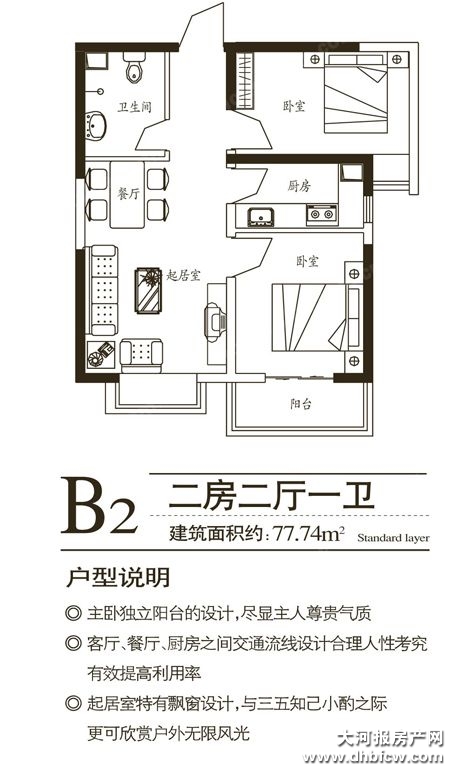 领峰B2 2室2厅1卫77.74m²户型